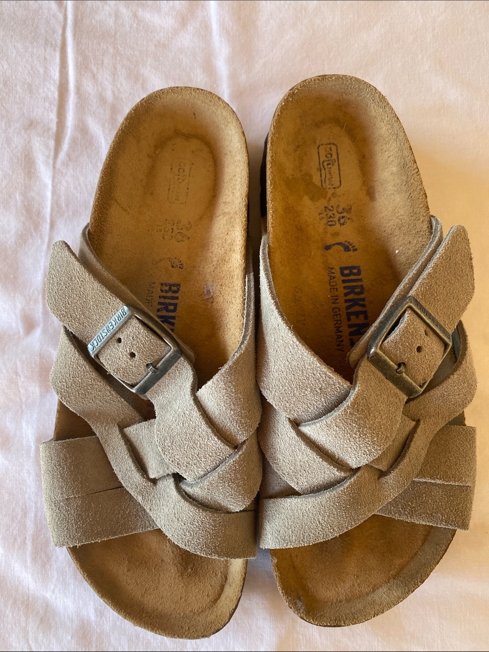 Birkenstock Gray Suede Crisscross Slide Sandals.